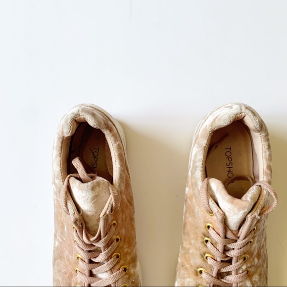 Top Shop Pink Crushed Velvet Round Toe Lace Up Sneakers - Picture 3 of 8